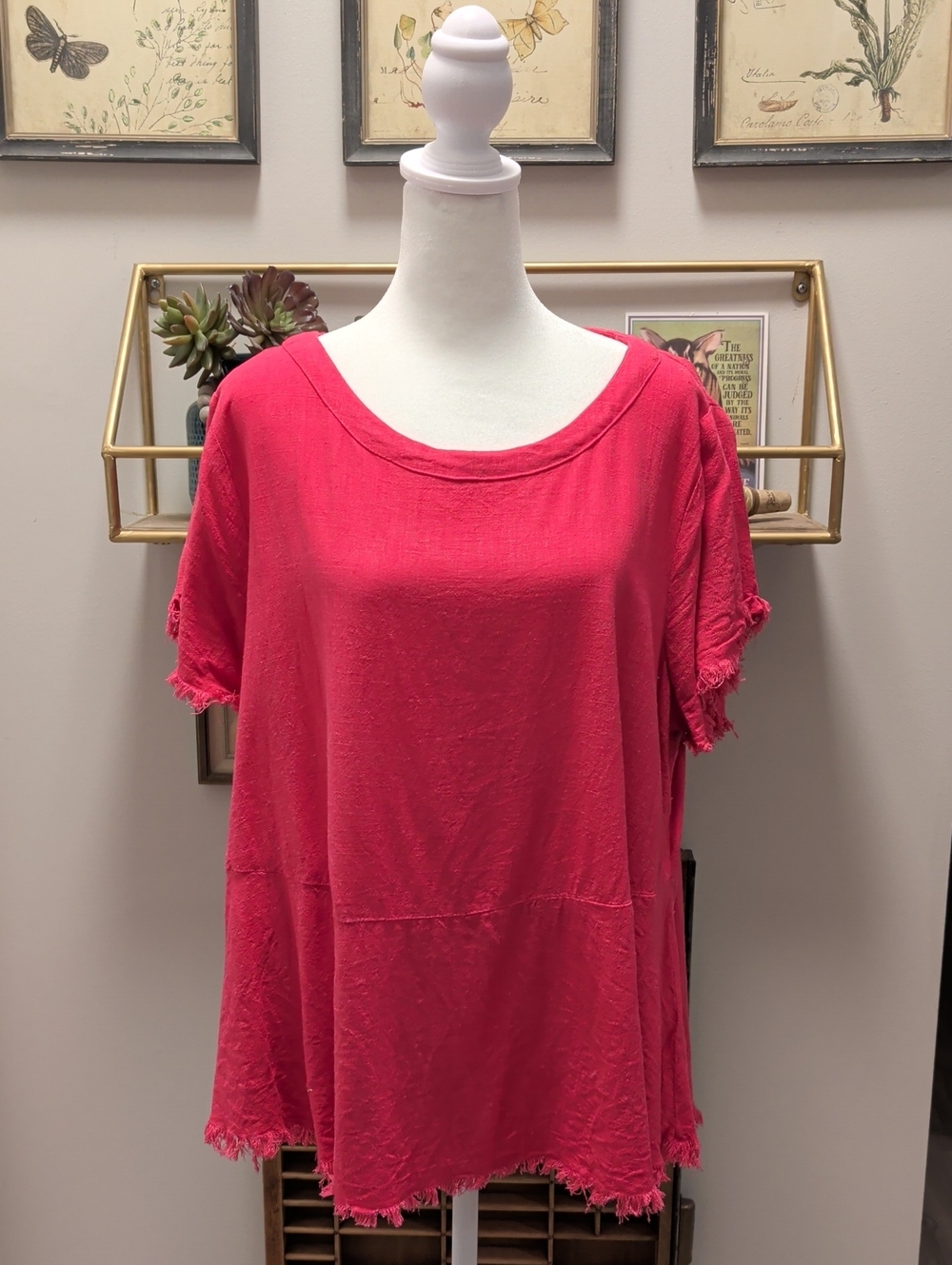 UMGEE- XL Hot Pink Indie Short Frayed  Sleeve Scoop Neck Top